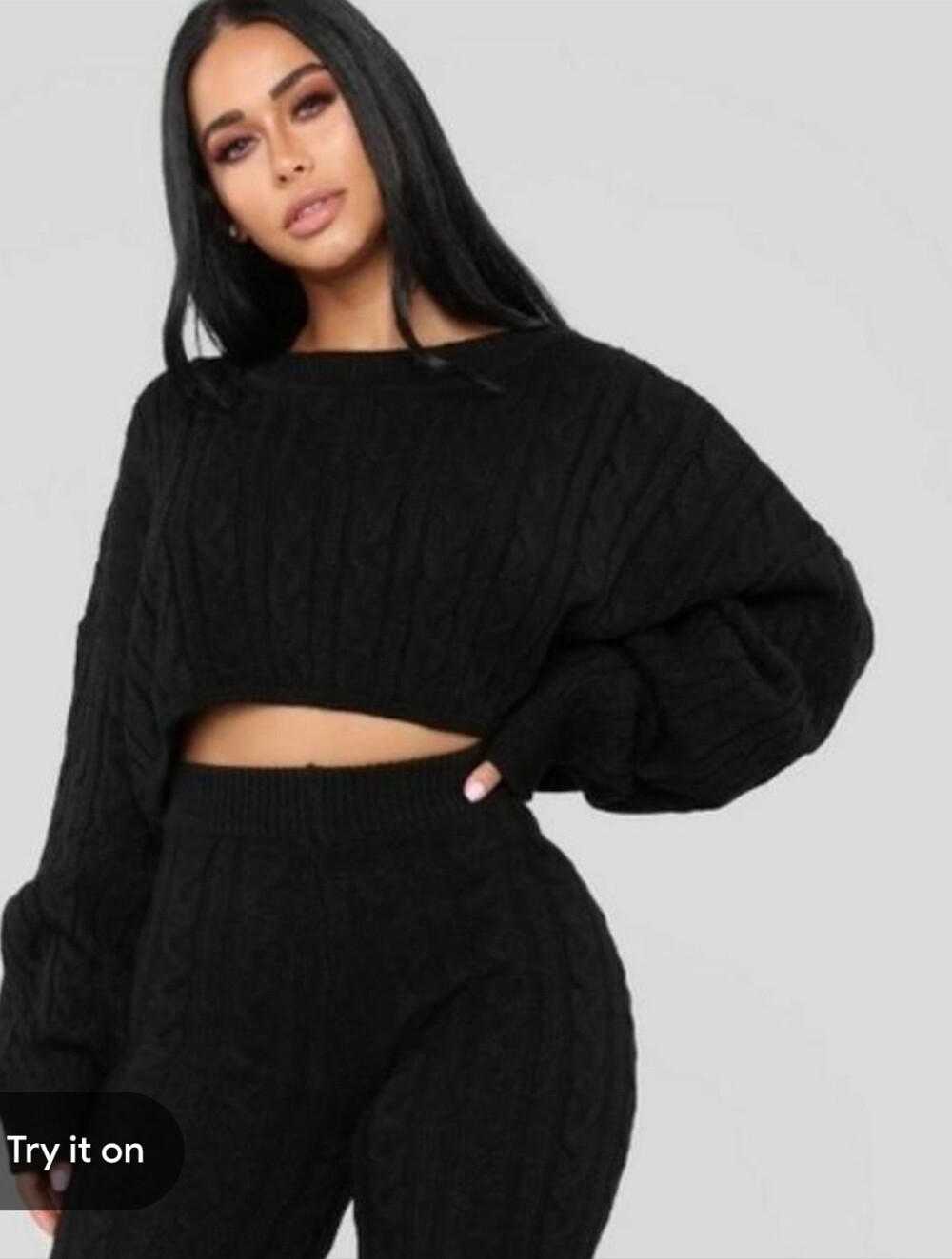 Cable Knit Sweater Set Cropped top Ribbed Biker Shorts Sz. Large Black New